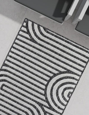 Black and White 2' x 5' 3 Outdoor Modern Runner Area Rug Weather Resistant for Patio, Deck, Terrace, Balcony, Porch 100% Polypropylene Modern Outside Carpet for Sale at Rug Engine