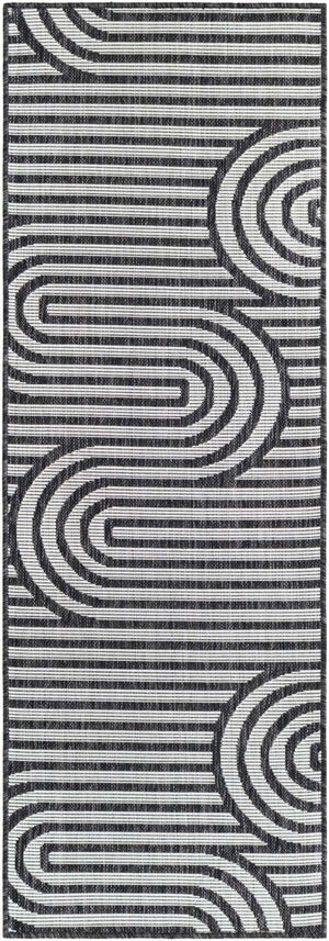Black and White 2' x 6' 1 Outdoor Modern Runner Area Rug Weather Resistant for Patio, Deck, Terrace, Balcony, Porch 100% Polypropylene Modern Outside Carpet for Sale at Rug Engine