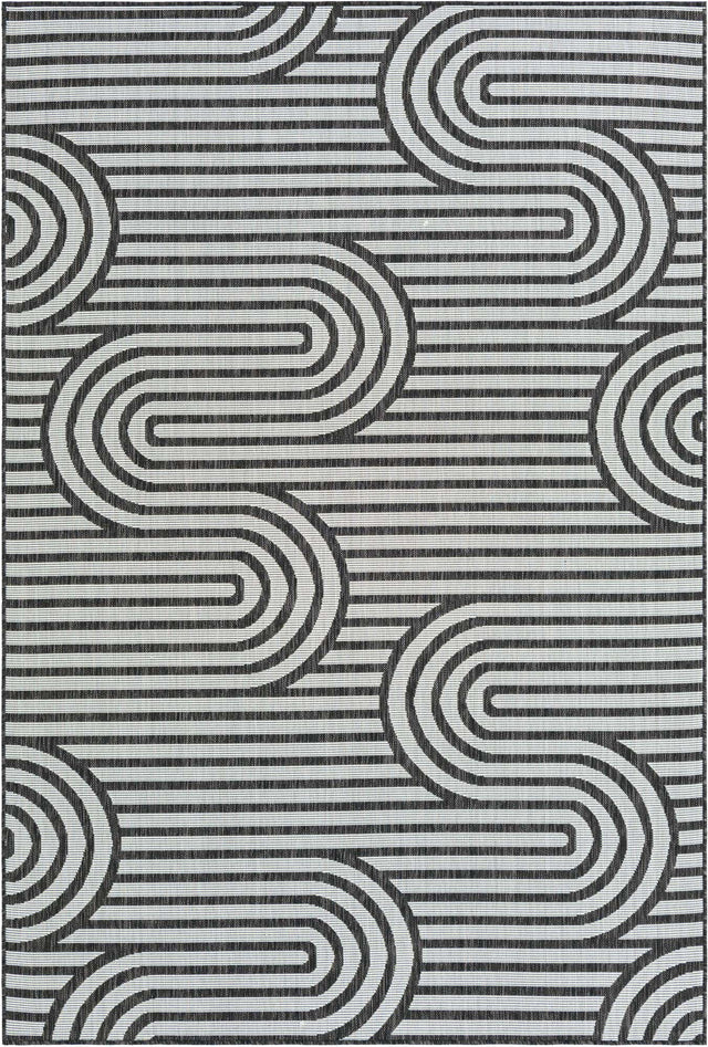 Black and White 6' 1 x 9' Outdoor Modern Rectangle Area Rug Weather Resistant for Patio, Deck, Terrace, Balcony, Porch 100% Polypropylene Modern Outside Carpet for Sale at Rug Engine