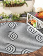 Black and White 7' 10 x 7' 10 Outdoor Modern Round Area Rug Weather Resistant for Patio, Deck, Terrace, Balcony, Porch 100% Polypropylene Modern Outside Carpet for Sale at Rug Engine
