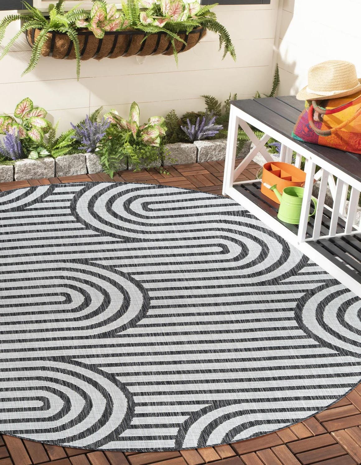 Black and White 6' 1 x 6' 1 Outdoor Modern Round Area Rug Weather Resistant for Patio, Deck, Terrace, Balcony, Porch 100% Polypropylene Modern Outside Carpet for Sale at Rug Engine
