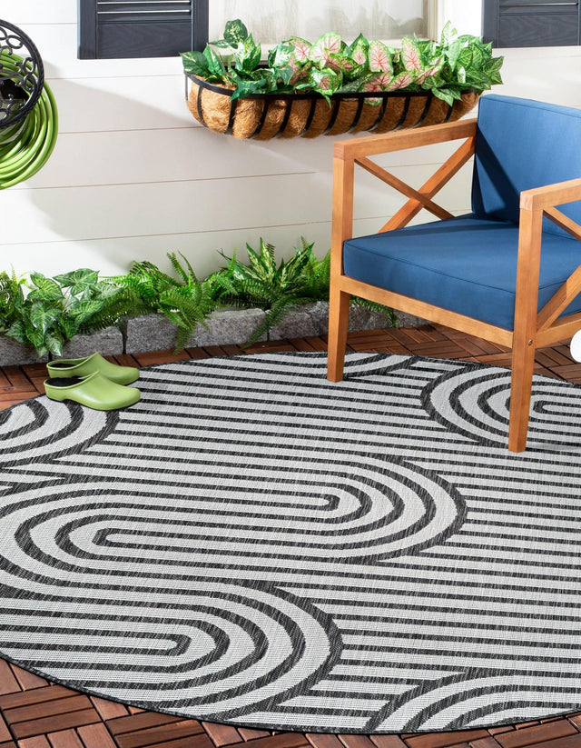 Black and White 10' x 10' Outdoor Modern Round Area Rug Weather Resistant for Patio, Deck, Terrace, Balcony, Porch 100% Polypropylene Modern Outside Carpet for Sale at Rug Engine