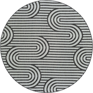 Black and White 7' 10 x 7' 10 Outdoor Modern Round Area Rug Weather Resistant for Patio, Deck, Terrace, Balcony, Porch 100% Polypropylene Modern Outside Carpet for Sale at Rug Engine