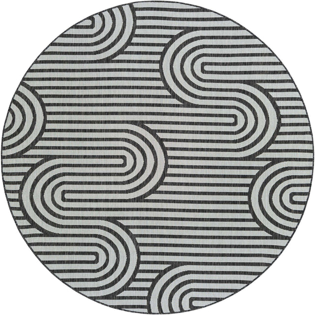 Black and White 7' 10 x 7' 10 Outdoor Modern Round Area Rug Weather Resistant for Patio, Deck, Terrace, Balcony, Porch 100% Polypropylene Modern Outside Carpet for Sale at Rug Engine