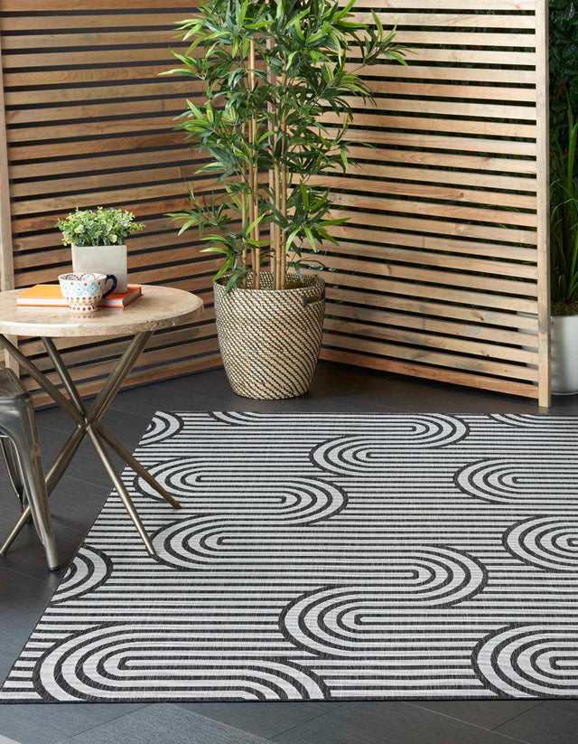 Black and White 10' x 10' Outdoor Modern Square Area Rug Weather Resistant for Patio, Deck, Terrace, Balcony, Porch 100% Polypropylene Modern Outside Carpet for Sale at Rug Engine