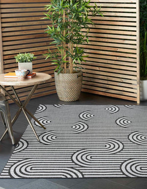 Black and White 7' 10 x 7' 10 Outdoor Modern Square Area Rug Weather Resistant for Patio, Deck, Terrace, Balcony, Porch 100% Polypropylene Modern Outside Carpet for Sale at Rug Engine