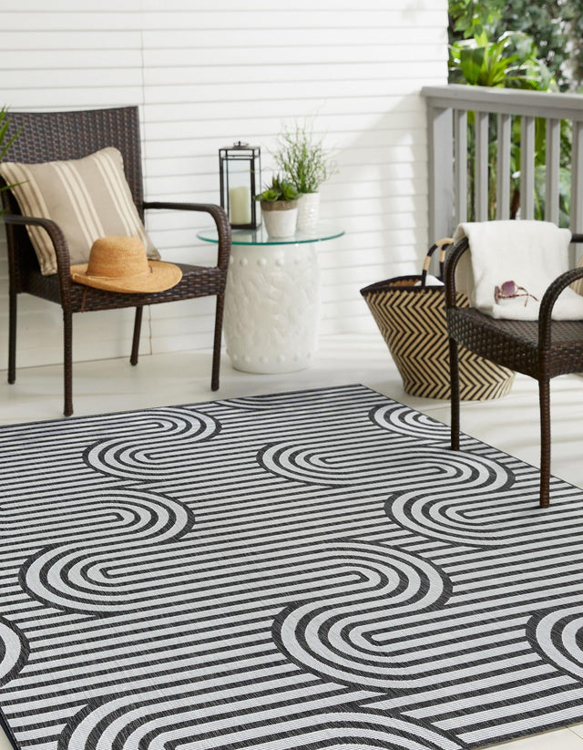 Black and White 7' 10 x 7' 10 Outdoor Modern Square Area Rug Weather Resistant for Patio, Deck, Terrace, Balcony, Porch 100% Polypropylene Modern Outside Carpet for Sale at Rug Engine