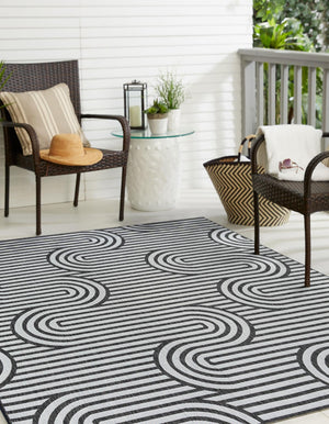 Black and White 10' x 10' Outdoor Modern Square Area Rug Weather Resistant for Patio, Deck, Terrace, Balcony, Porch 100% Polypropylene Modern Outside Carpet for Sale at Rug Engine