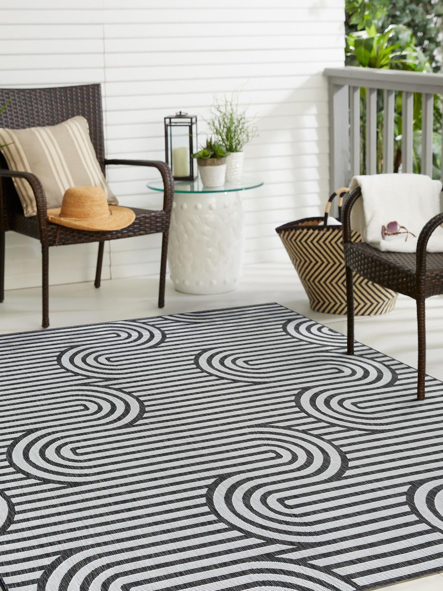 Black and White 12' x 12' Outdoor Modern Square Area Rug Weather Resistant for Patio, Deck, Terrace, Balcony, Porch 100% Polypropylene Modern Outside Carpet for Sale at Rug Engine