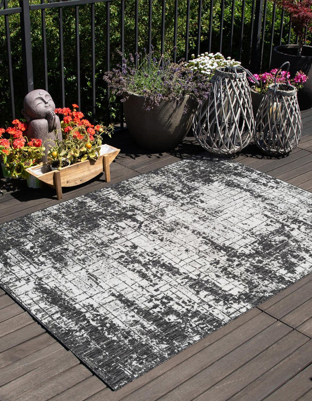 Black and White 9' x 12' Outdoor Modern Rectangle Area Rug Weather Resistant for Patio, Deck, Terrace, Balcony, Porch 100% Polypropylene Modern Outside Carpet for Sale at Rug Engine