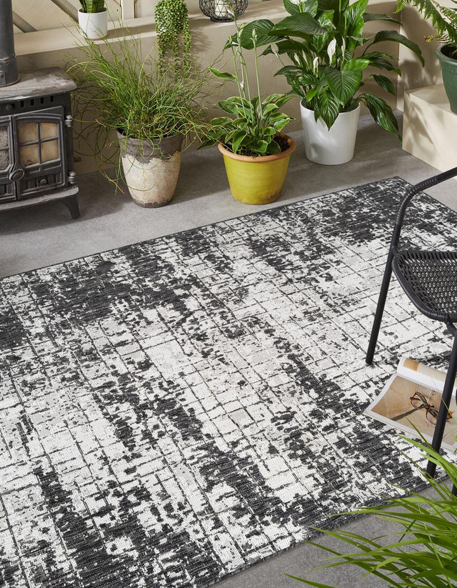 Black and White 9' x 12' Outdoor Modern Rectangle Area Rug Weather Resistant for Patio, Deck, Terrace, Balcony, Porch 100% Polypropylene Modern Outside Carpet for Sale at Rug Engine