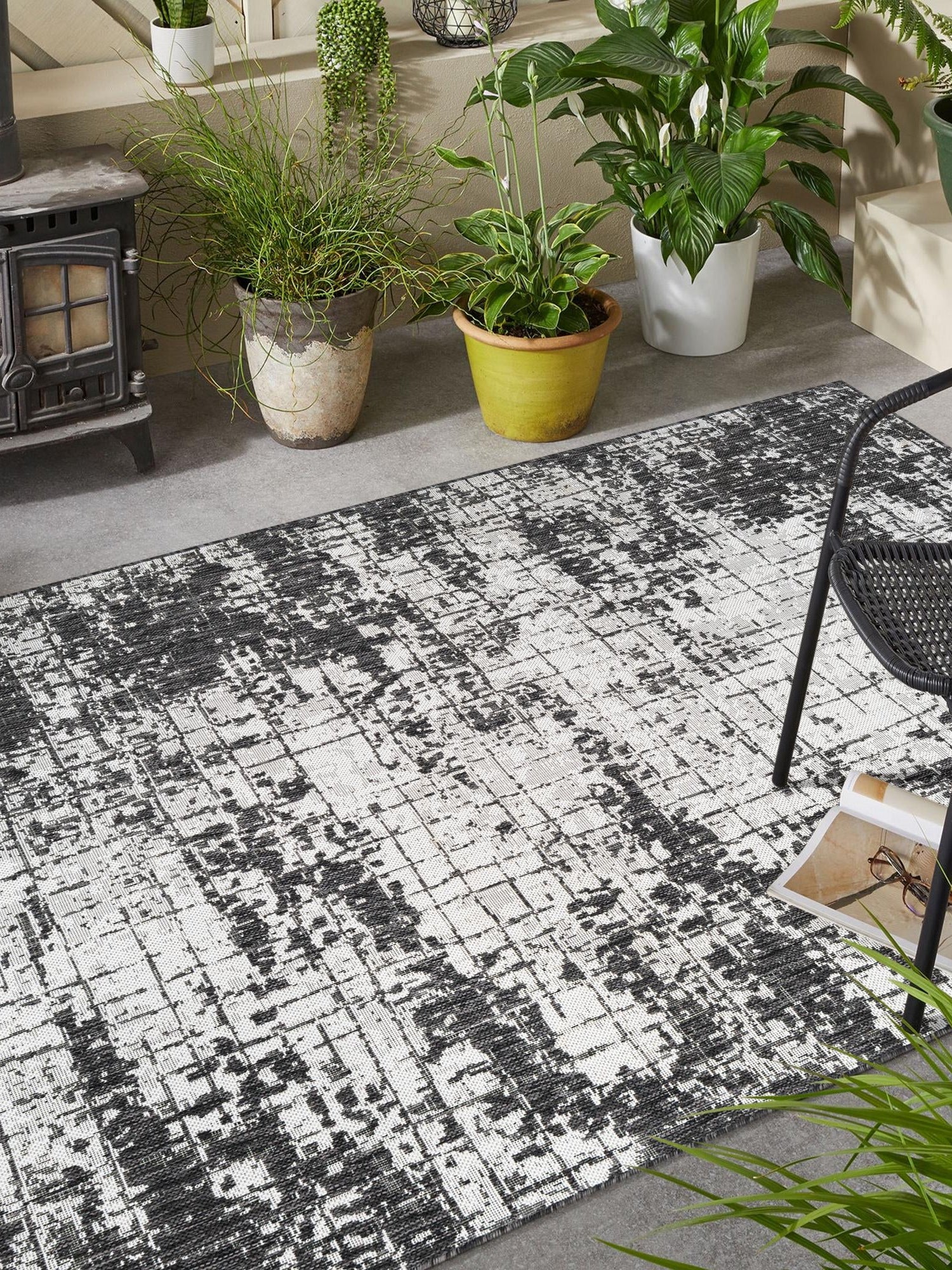 Black and White 7' 1 x 10' Outdoor Modern Rectangle Area Rug Weather Resistant for Patio, Deck, Terrace, Balcony, Porch 100% Polypropylene Modern Outside Carpet for Sale at Rug Engine