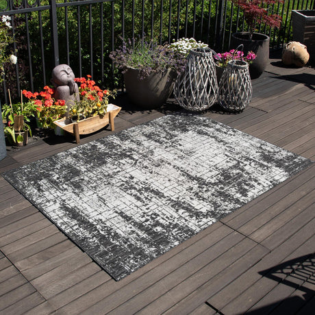 Black and White 9' x 12' Outdoor Modern Rectangle Area Rug Weather Resistant for Patio, Deck, Terrace, Balcony, Porch 100% Polypropylene Modern Outside Carpet for Sale at Rug Engine