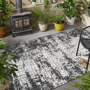 Black and White 9' x 12' Outdoor Modern Rectangle Area Rug Weather Resistant for Patio, Deck, Terrace, Balcony, Porch 100% Polypropylene Modern Outside Carpet for Sale at Rug Engine