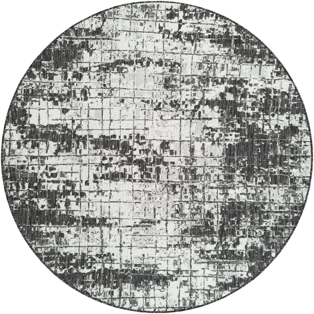 Black and White 6' 1 x 6' 1 Outdoor Modern Round Area Rug Weather Resistant for Patio, Deck, Terrace, Balcony, Porch 100% Polypropylene Modern Outside Carpet for Sale at Rug Engine
