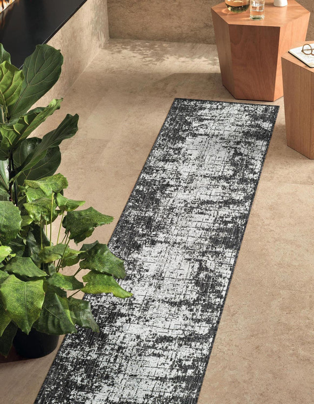 Black and White 2' x 5' 3 Outdoor Modern Runner Area Rug Weather Resistant for Patio, Deck, Terrace, Balcony, Porch 100% Polypropylene Modern Outside Carpet for Sale at Rug Engine