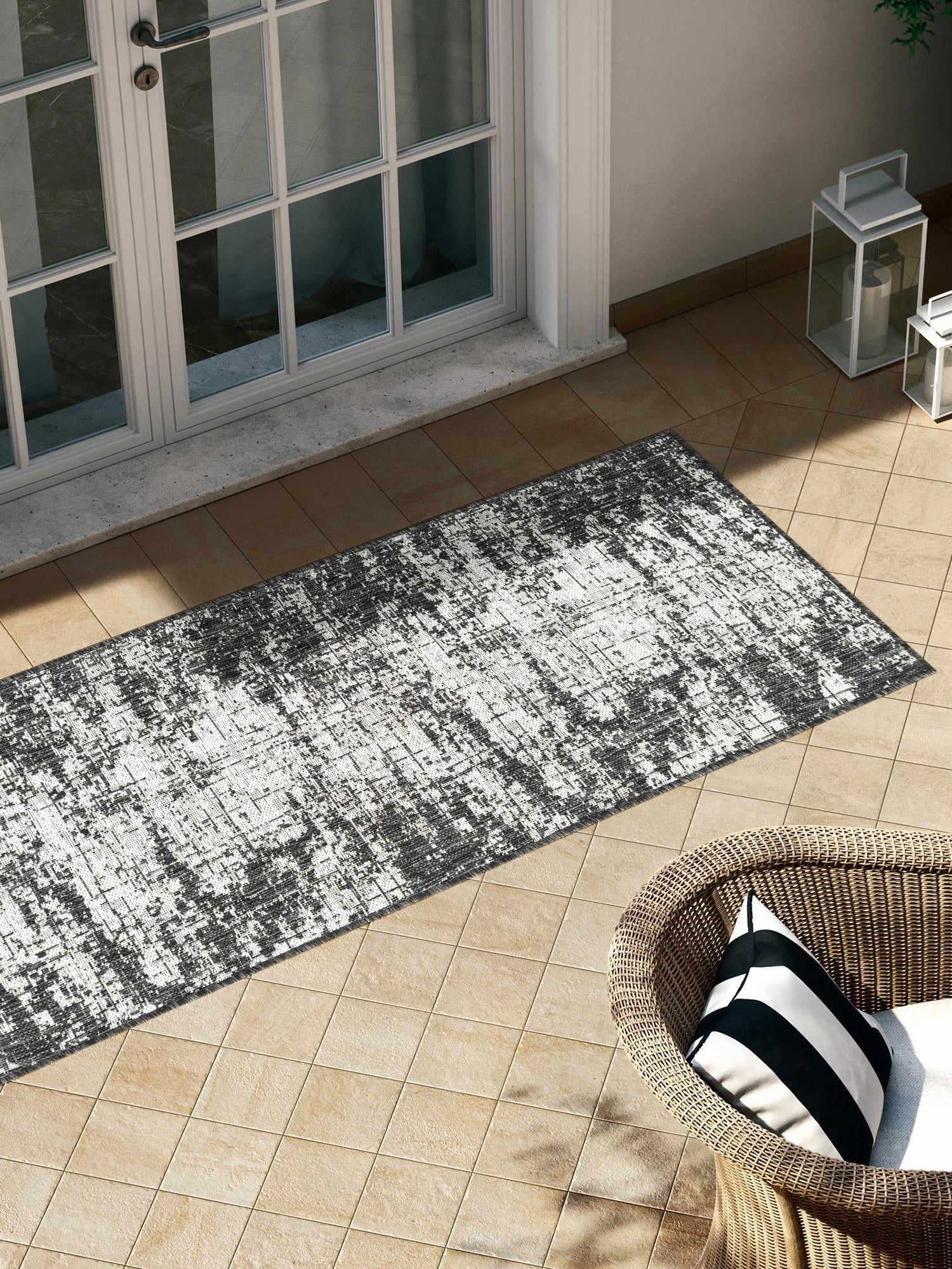 Black and White 2' 7 x 12' Outdoor Modern Runner Area Rug Weather Resistant for Patio, Deck, Terrace, Balcony, Porch 100% Polypropylene Modern Outside Carpet for Sale at Rug Engine