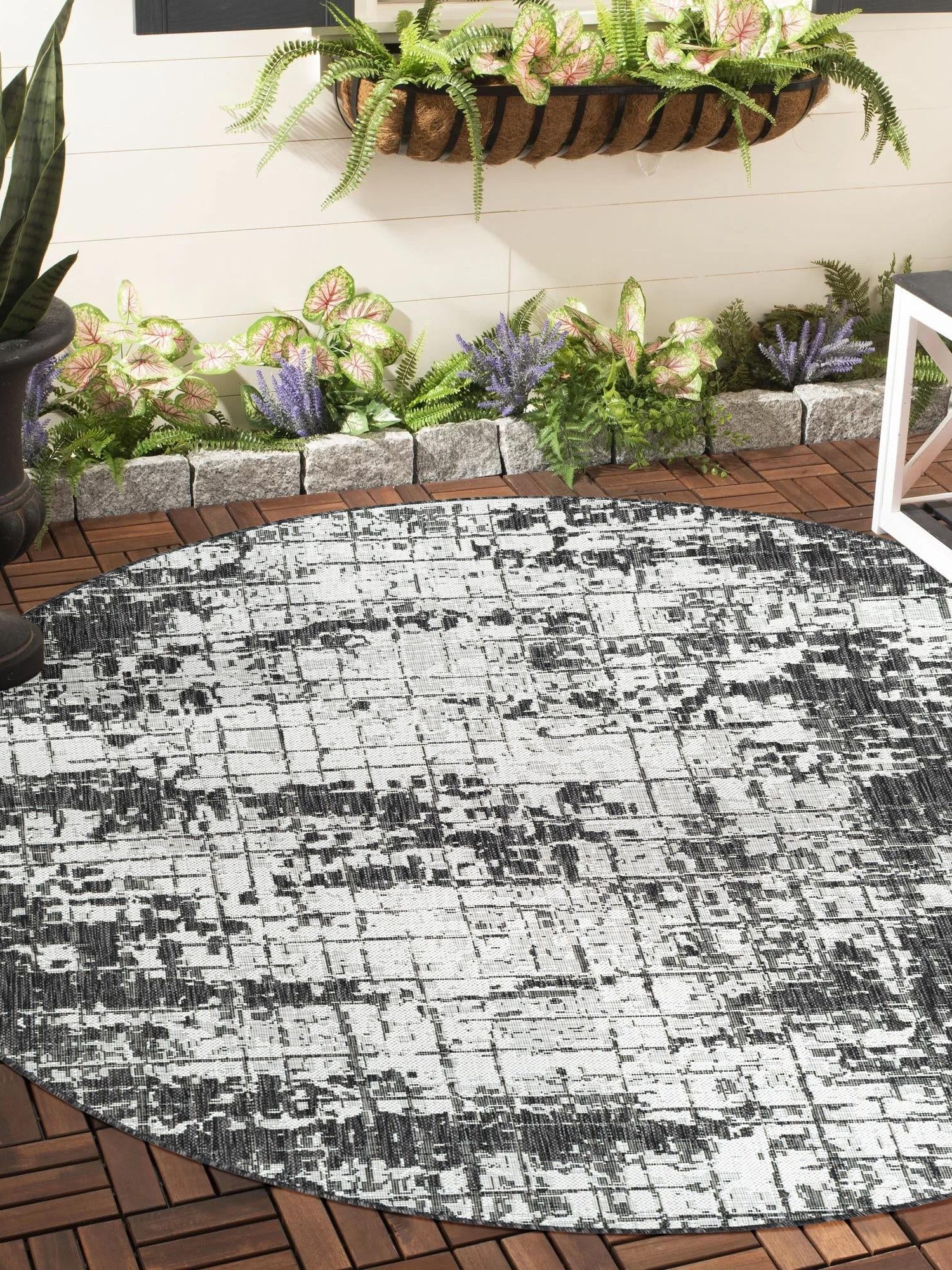 Black and White 3' 1 x 3' 1 Outdoor Modern Round Area Rug Weather Resistant for Patio, Deck, Terrace, Balcony, Porch 100% Polypropylene Modern Outside Carpet for Sale at Rug Engine