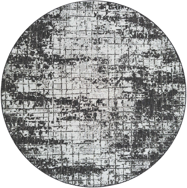 Black and White 7' 10 x 7' 10 Outdoor Modern Round Area Rug Weather Resistant for Patio, Deck, Terrace, Balcony, Porch 100% Polypropylene Modern Outside Carpet for Sale at Rug Engine