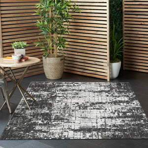 Black and White 10' x 10' Outdoor Modern Square Area Rug Weather Resistant for Patio, Deck, Terrace, Balcony, Porch 100% Polypropylene Modern Outside Carpet for Sale at Rug Engine