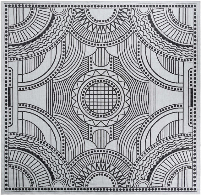 White and Black 10' x 10' Outdoor Traditional Square Area Rug Weather Resistant for Patio, Deck, Terrace, Balcony, Porch Classical Design Outside Carpet for Sale at Rug Engine
