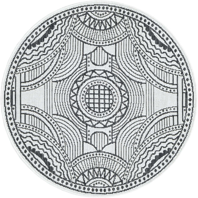 White and Black 3' 1 x 3' 1 Outdoor Traditional Round Area Rug Weather Resistant for Patio, Deck, Terrace, Balcony, Porch Classical Design Outside Carpet for Sale at Rug Engine