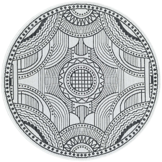White and Black 4' 1 x 4' 1 Outdoor Traditional Round Area Rug Weather Resistant for Patio, Deck, Terrace, Balcony, Porch Classical Design Outside Carpet for Sale at Rug Engine