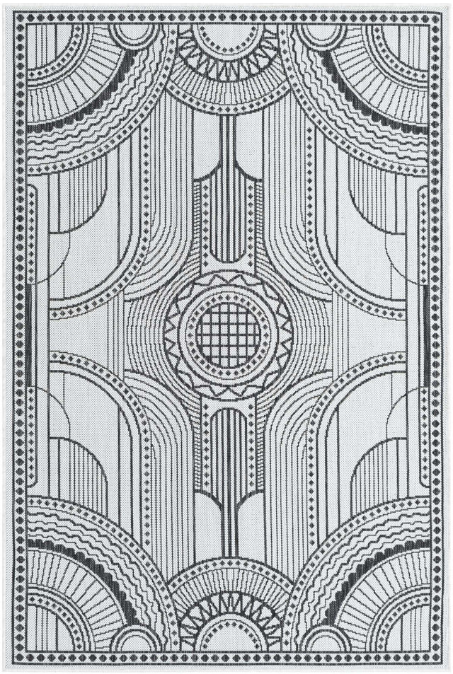 White and Black 4' 1 x 6' 1 Outdoor Traditional Rectangle Area Rug Weather Resistant for Patio, Deck, Terrace, Balcony, Porch Classical Design Outside Carpet for Sale at Rug Engine