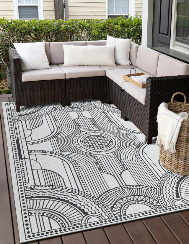 White and Black 7' 1 x 10' Outdoor Traditional Rectangle Area Rug Weather Resistant for Patio, Deck, Terrace, Balcony, Porch Classical Design Outside Carpet for Sale at Rug Engine