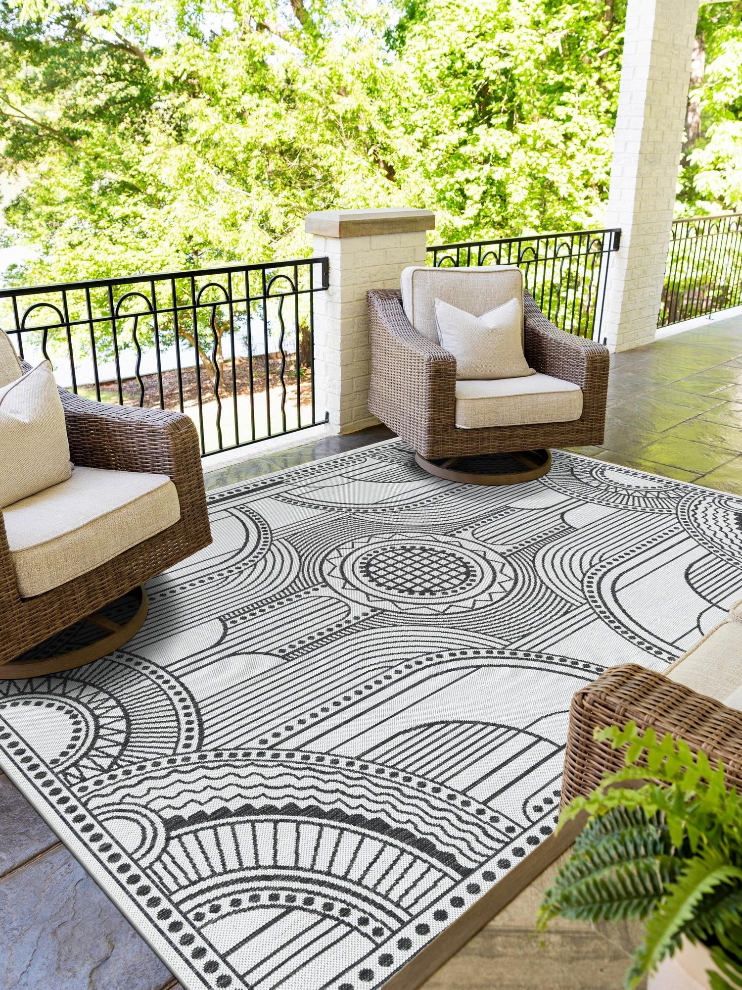 White and Black 7' 10 x 10' Outdoor Traditional Rectangle Area Rug Weather Resistant for Patio, Deck, Terrace, Balcony, Porch Classical Design Outside Carpet for Sale at Rug Engine