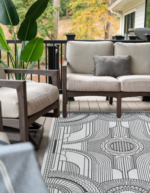 White and Black 4' 1 x 6' 1 Outdoor Traditional Rectangle Area Rug Weather Resistant for Patio, Deck, Terrace, Balcony, Porch Classical Design Outside Carpet for Sale at Rug Engine