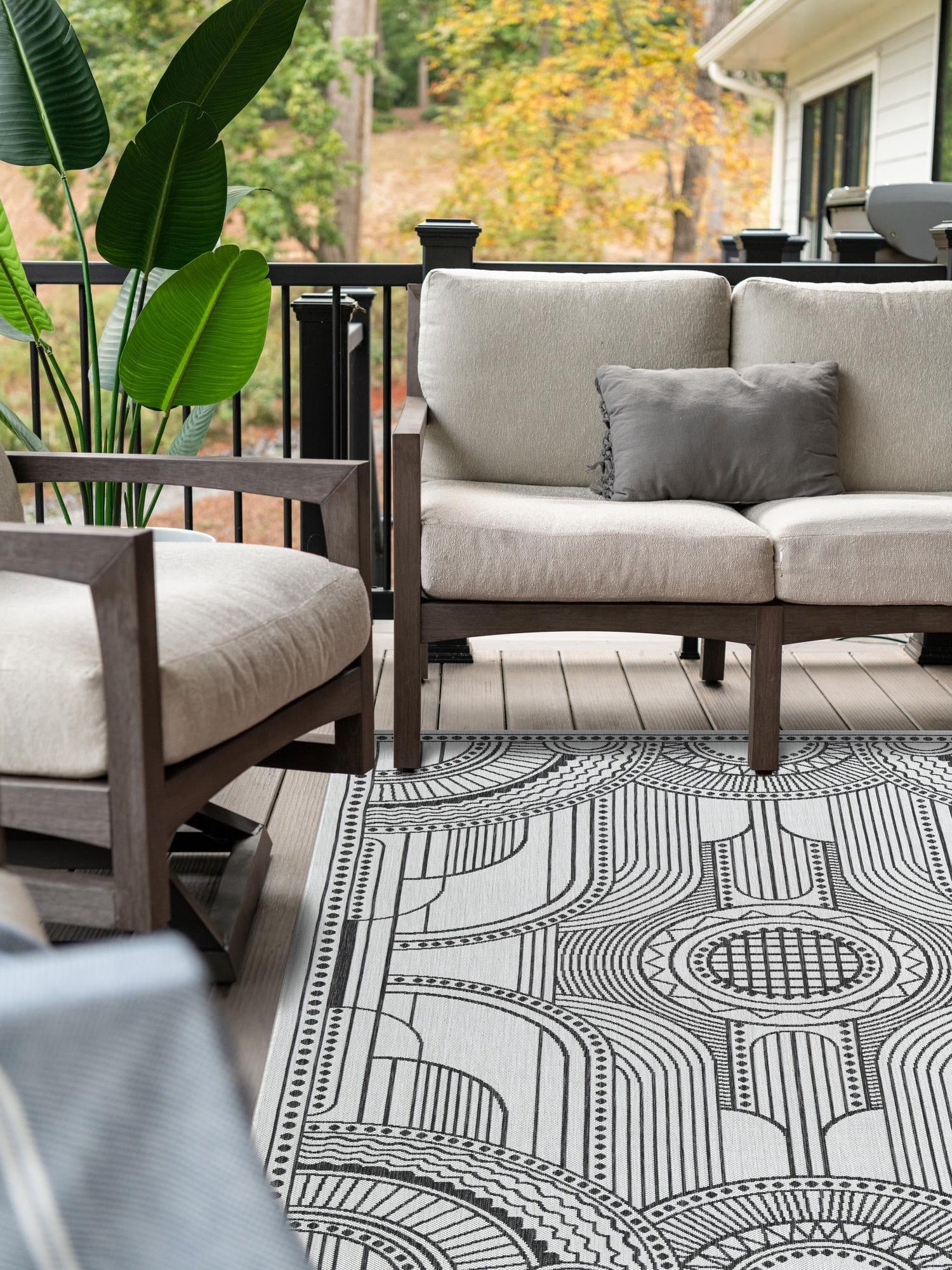 White and Black 6' 1 x 9' Outdoor Traditional Rectangle Area Rug Weather Resistant for Patio, Deck, Terrace, Balcony, Porch Classical Design Outside Carpet for Sale at Rug Engine