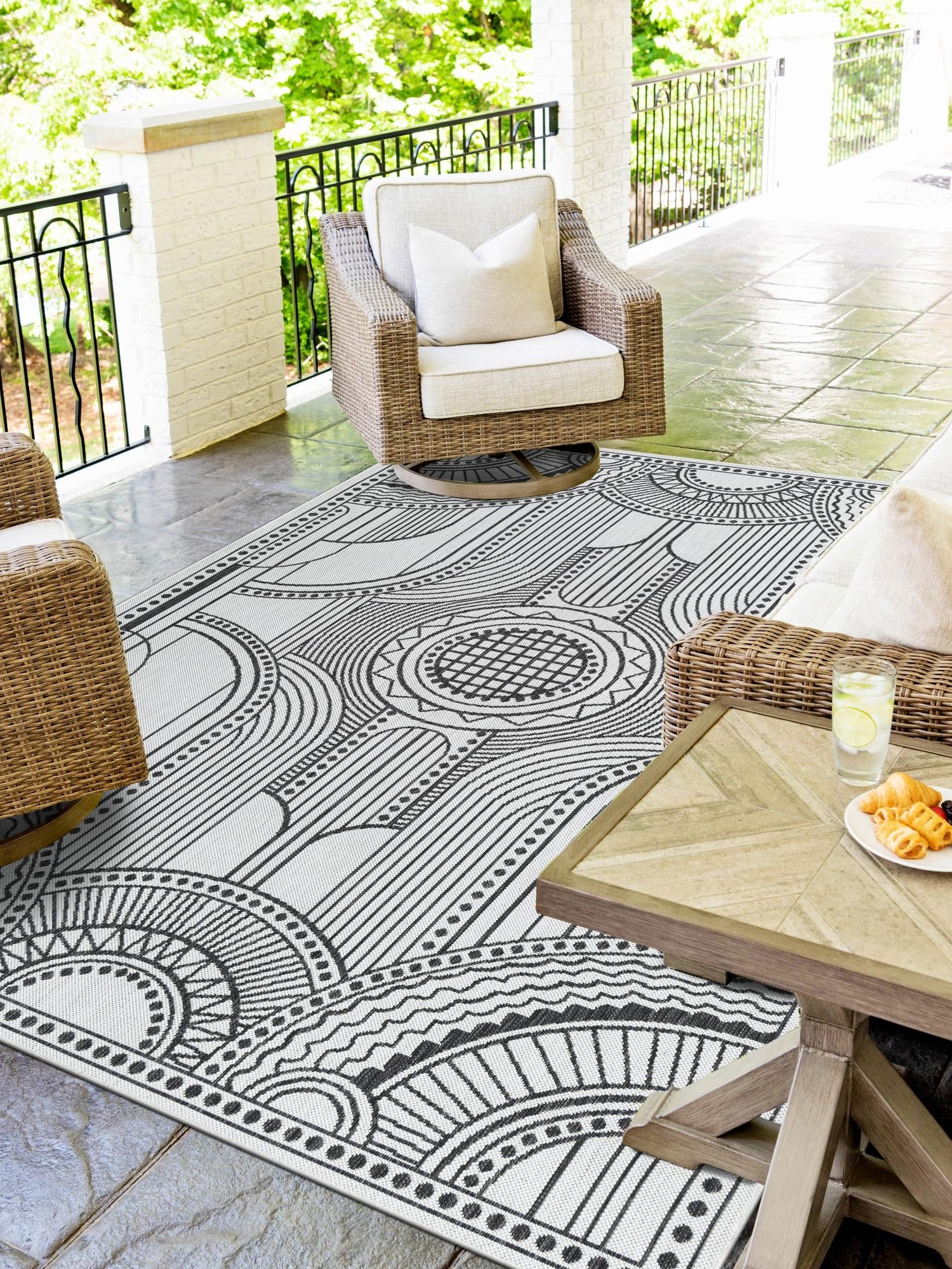 White and Black 7' 10 x 10' Outdoor Traditional Rectangle Area Rug Weather Resistant for Patio, Deck, Terrace, Balcony, Porch Classical Design Outside Carpet for Sale at Rug Engine