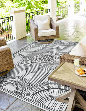 White and Black 5' 3 x 8' Outdoor Traditional Rectangle Area Rug Weather Resistant for Patio, Deck, Terrace, Balcony, Porch Classical Design Outside Carpet for Sale at Rug Engine