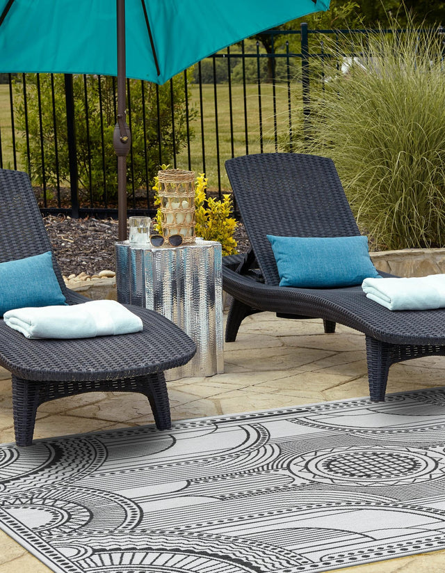 White and Black 4' 1 x 6' 1 Outdoor Traditional Rectangle Area Rug Weather Resistant for Patio, Deck, Terrace, Balcony, Porch Classical Design Outside Carpet for Sale at Rug Engine