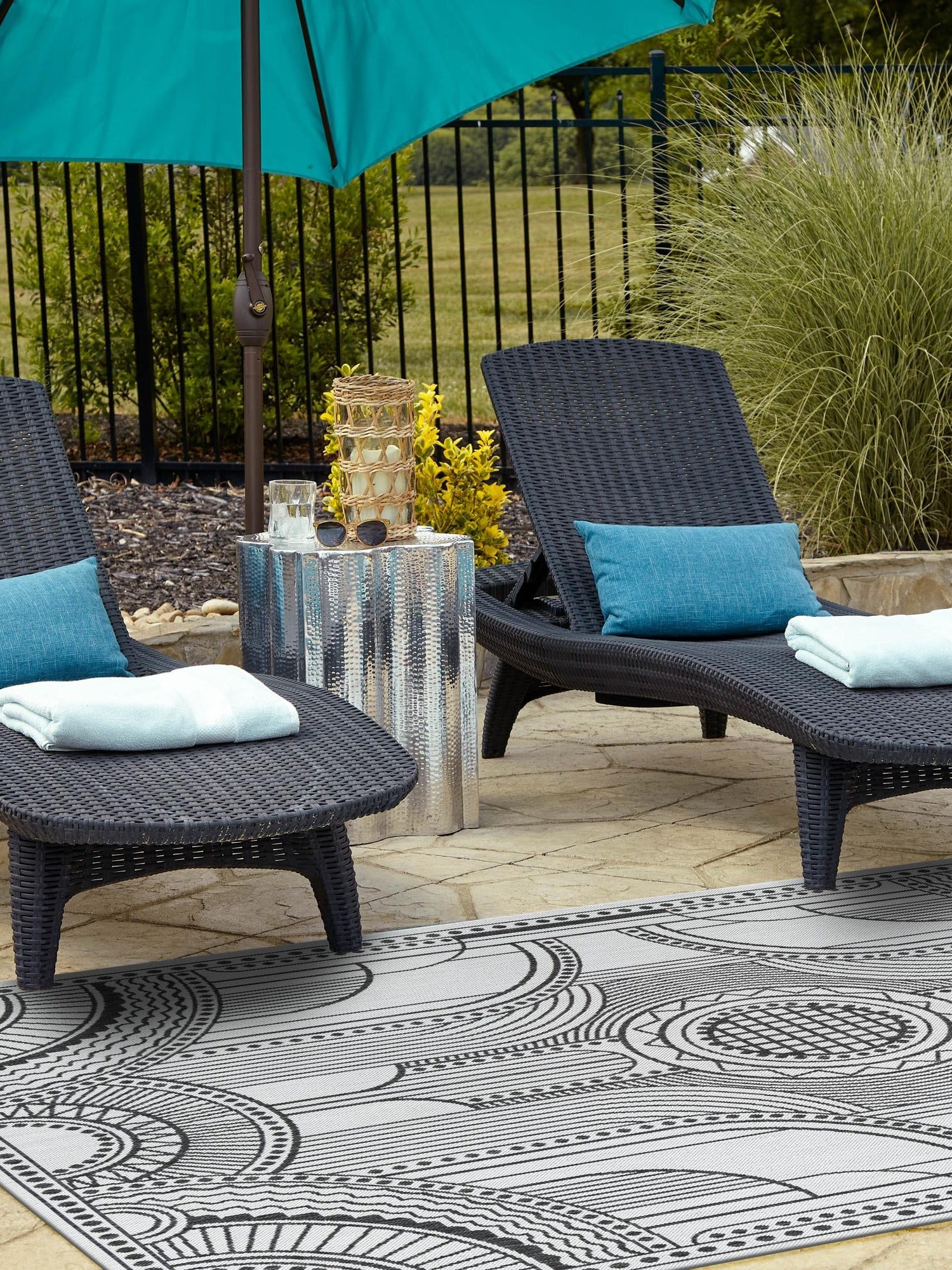 White and Black 7' 1 x 10' Outdoor Traditional Rectangle Area Rug Weather Resistant for Patio, Deck, Terrace, Balcony, Porch Classical Design Outside Carpet for Sale at Rug Engine