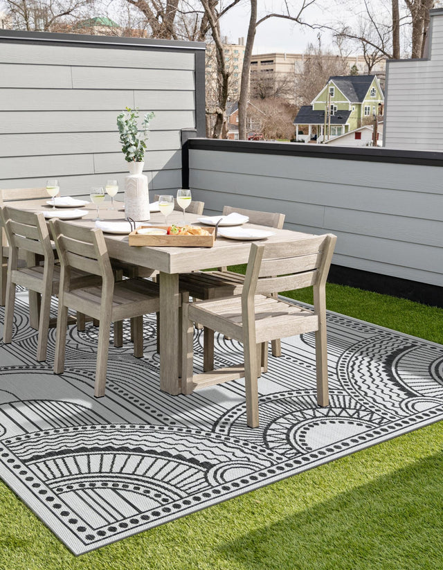 White and Black 4' 1 x 6' 1 Outdoor Traditional Rectangle Area Rug Weather Resistant for Patio, Deck, Terrace, Balcony, Porch Classical Design Outside Carpet for Sale at Rug Engine