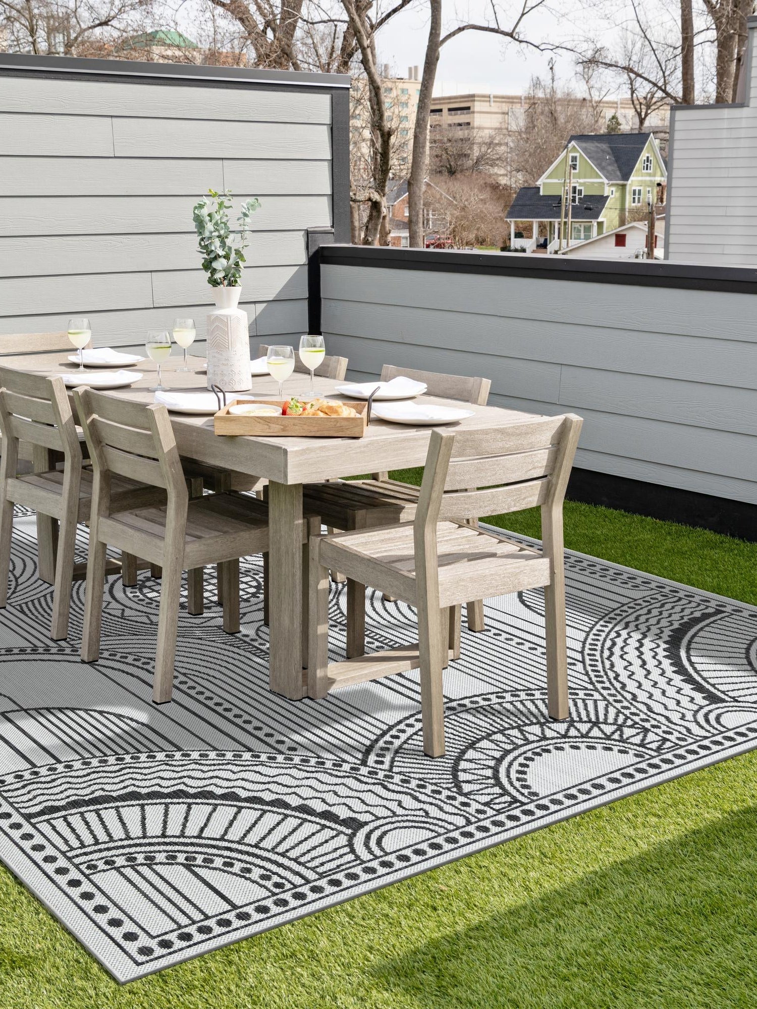 White and Black 6' 1 x 9' Outdoor Traditional Rectangle Area Rug Weather Resistant for Patio, Deck, Terrace, Balcony, Porch Classical Design Outside Carpet for Sale at Rug Engine