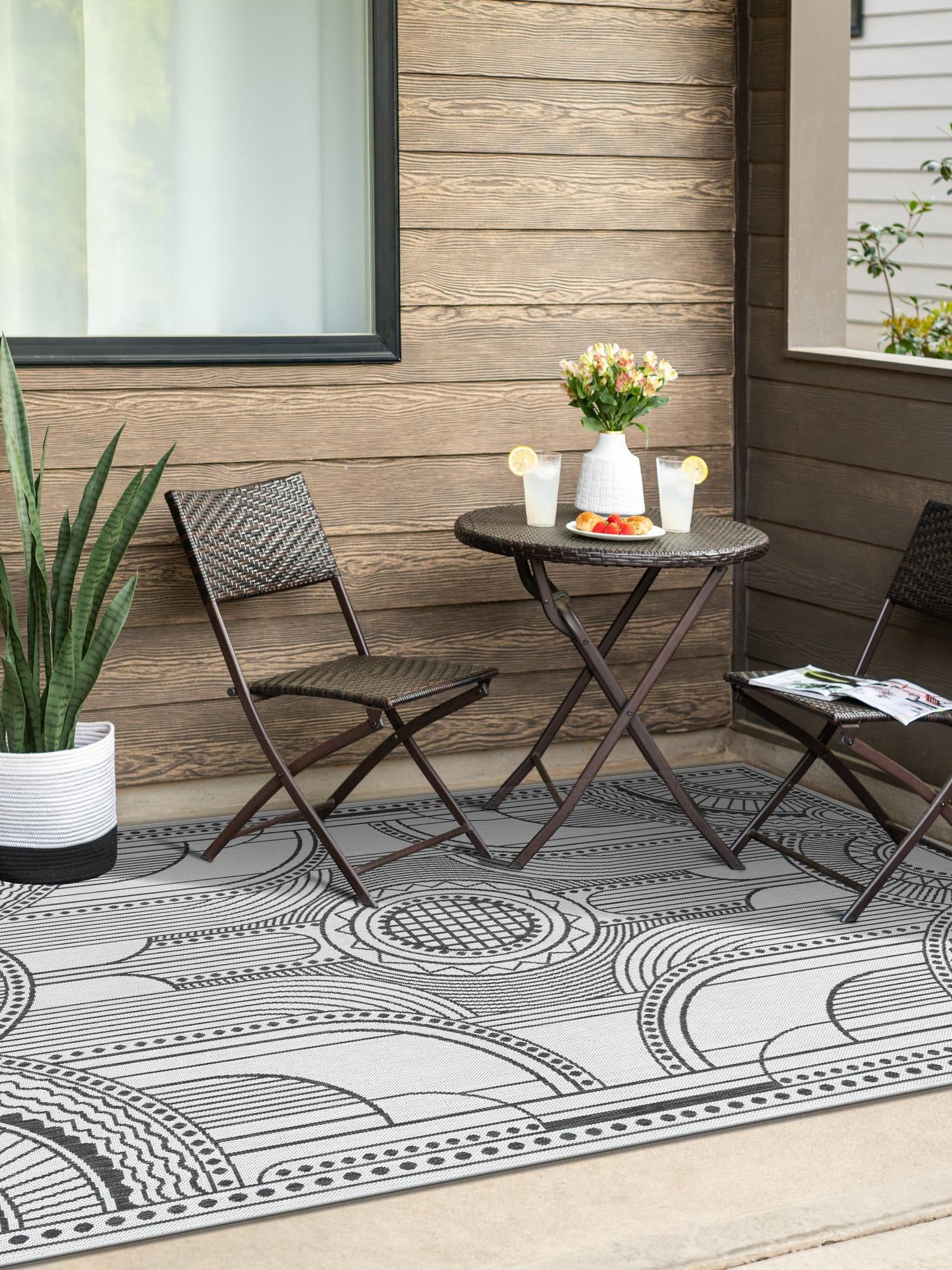White and Black 9' x 12' Outdoor Traditional Rectangle Area Rug Weather Resistant for Patio, Deck, Terrace, Balcony, Porch Classical Design Outside Carpet for Sale at Rug Engine