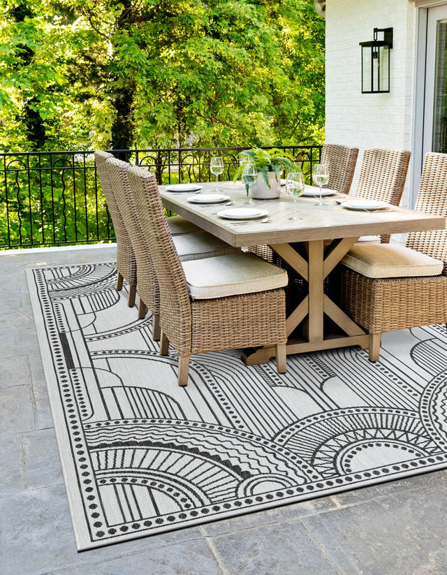 White and Black 9' x 12' Outdoor Traditional Rectangle Area Rug Weather Resistant for Patio, Deck, Terrace, Balcony, Porch Classical Design Outside Carpet for Sale at Rug Engine