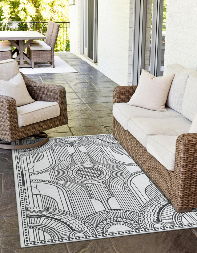 White and Black 4' 1 x 6' 1 Outdoor Traditional Rectangle Area Rug Weather Resistant for Patio, Deck, Terrace, Balcony, Porch Classical Design Outside Carpet for Sale at Rug Engine