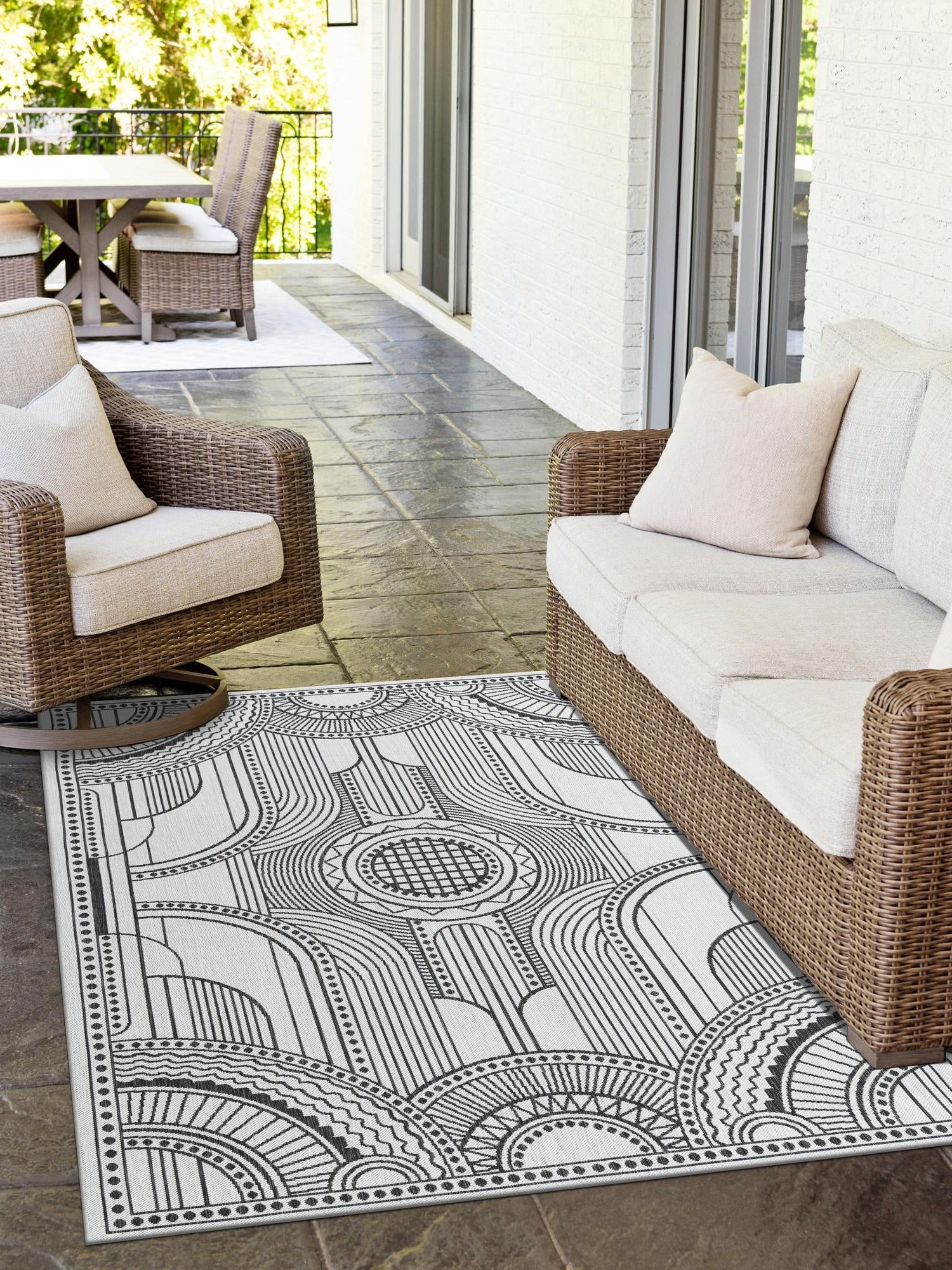 White and Black 7' 10 x 10' Outdoor Traditional Rectangle Area Rug Weather Resistant for Patio, Deck, Terrace, Balcony, Porch Classical Design Outside Carpet for Sale at Rug Engine