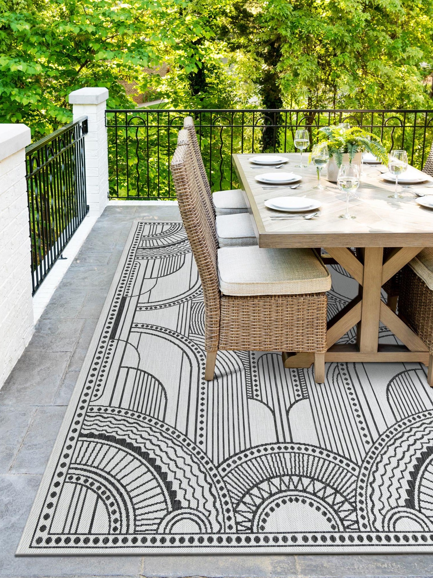 White and Black 9' x 12' Outdoor Traditional Rectangle Area Rug Weather Resistant for Patio, Deck, Terrace, Balcony, Porch Classical Design Outside Carpet for Sale at Rug Engine
