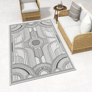 White and Black 4' 1 x 6' 1 Outdoor Traditional Rectangle Area Rug Weather Resistant for Patio, Deck, Terrace, Balcony, Porch Classical Design Outside Carpet for Sale at Rug Engine