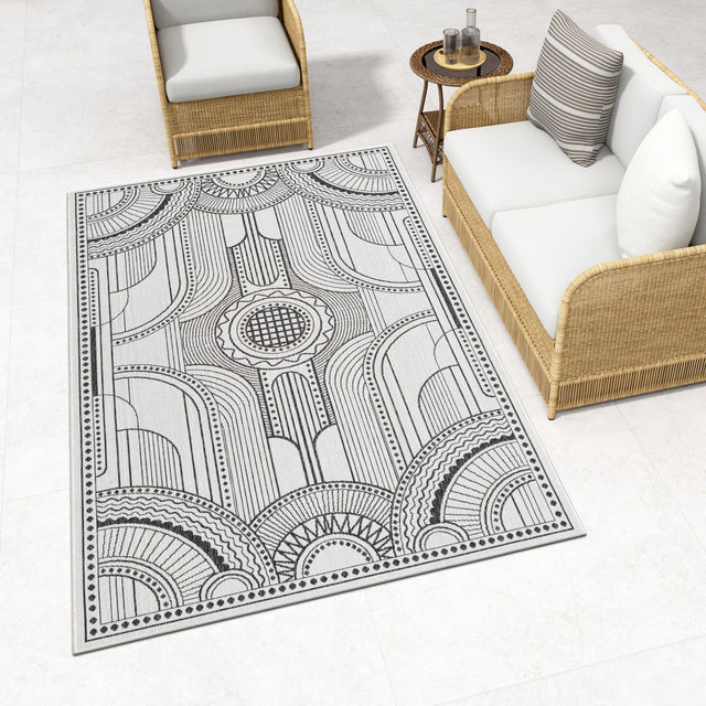 White and Black 4' 1 x 6' 1 Outdoor Traditional Rectangle Area Rug Weather Resistant for Patio, Deck, Terrace, Balcony, Porch Classical Design Outside Carpet for Sale at Rug Engine
