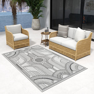 White and Black 4' 1 x 6' 1 Outdoor Traditional Rectangle Area Rug Weather Resistant for Patio, Deck, Terrace, Balcony, Porch Classical Design Outside Carpet for Sale at Rug Engine