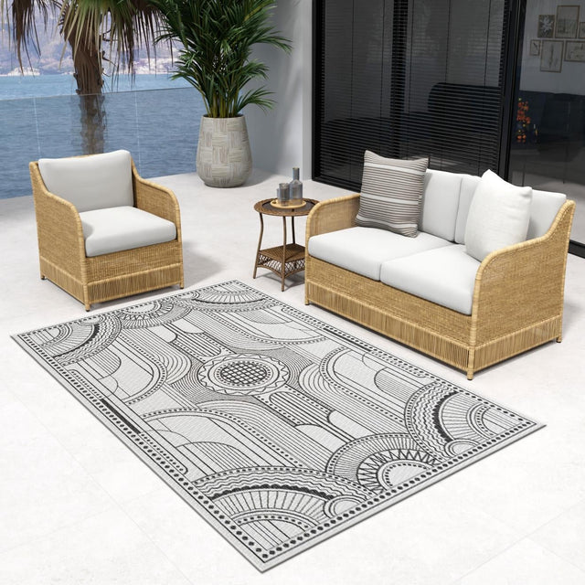 White and Black 4' 1 x 6' 1 Outdoor Traditional Rectangle Area Rug Weather Resistant for Patio, Deck, Terrace, Balcony, Porch Classical Design Outside Carpet for Sale at Rug Engine