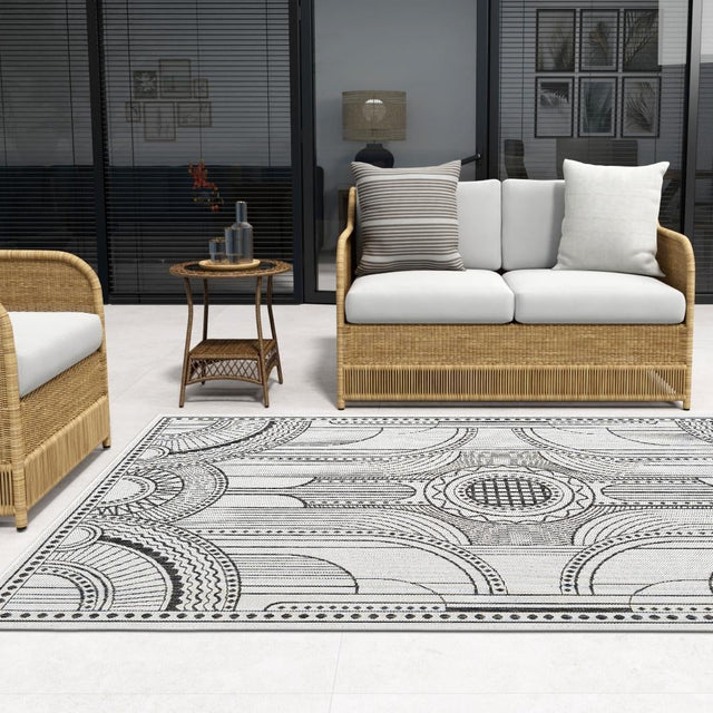 White and Black 4' 1 x 6' 1 Outdoor Traditional Rectangle Area Rug Weather Resistant for Patio, Deck, Terrace, Balcony, Porch Classical Design Outside Carpet for Sale at Rug Engine