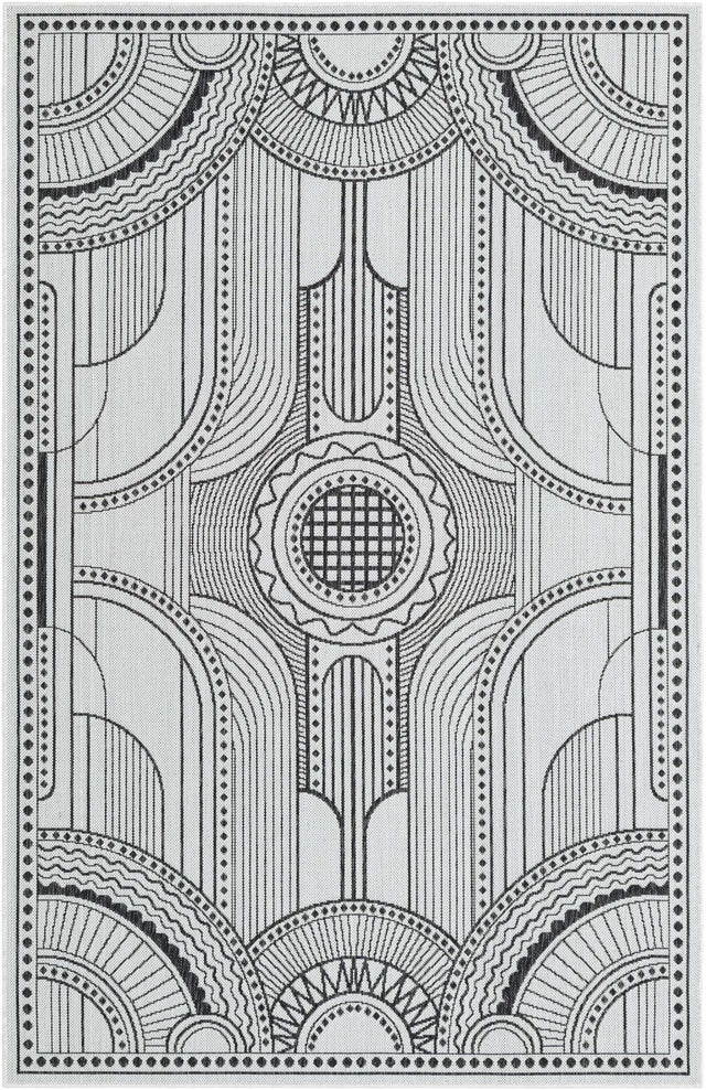 White and Black 5' 3 x 8' Outdoor Traditional Rectangle Area Rug Weather Resistant for Patio, Deck, Terrace, Balcony, Porch Classical Design Outside Carpet for Sale at Rug Engine