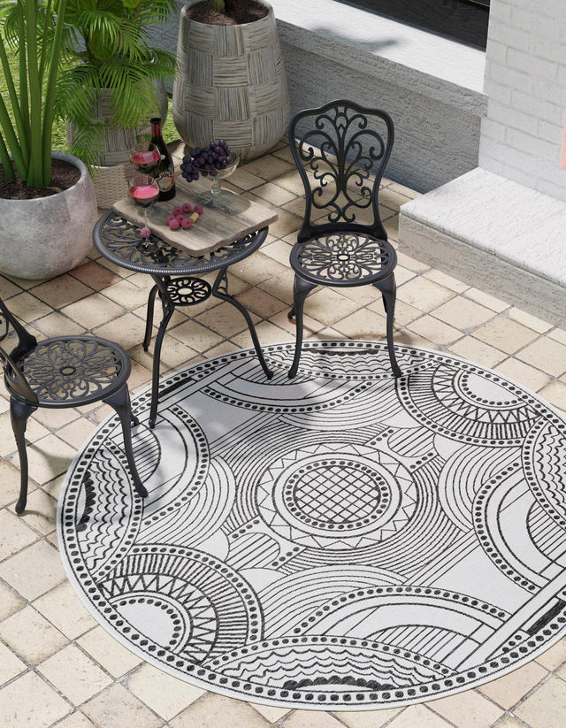 White and Black 12' x 12' Outdoor Traditional Round Area Rug Weather Resistant for Patio, Deck, Terrace, Balcony, Porch Classical Design Outside Carpet for Sale at Rug Engine